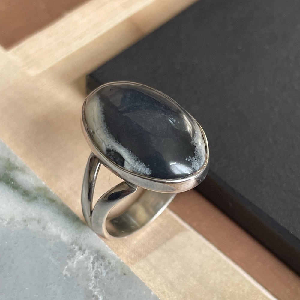 925 Sterling Silver Natural Dendritic Opal Ring – Orca Pattern  – US Size 9
